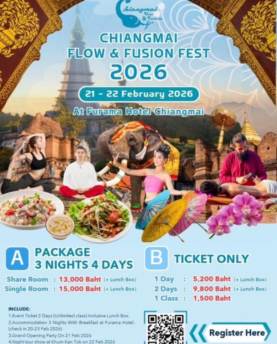 เชียงใหม่เดือนนี้ มาดูแลตัวเองกับกับ คุณดี้ ชนานา กับ คลาสดูแลตัวเองตั้งแต่ศรีษะจรดปลายเท้า ในวันเสาร์ที่ 21 กพ และวันอาทิตย์ที่ 22 กพ กับคุณกิ๊ก มยุริญ กับคลาส นั่งสมาธิ ปฏิบัติธรรมเบื้องต้น ที่ งาน Chiangmai Flow &Fusion Fest ที่จัดขึ้นที่ โรงแรม ฟูราม่า เชียงใหม่