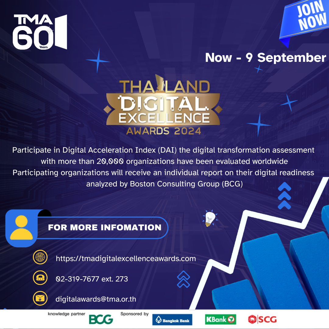 TMA ขอเชิญชวนองค์กรเข้าร่วมทำ DAI – Digital Acceleration Index (DAI) ซึ่งเป็นเครื่องมือที่สำคัญจาก The Boston Consulting Group (BCG) ในการประเมินความสามารถในการใช้ดิจิทัลขององค์กร