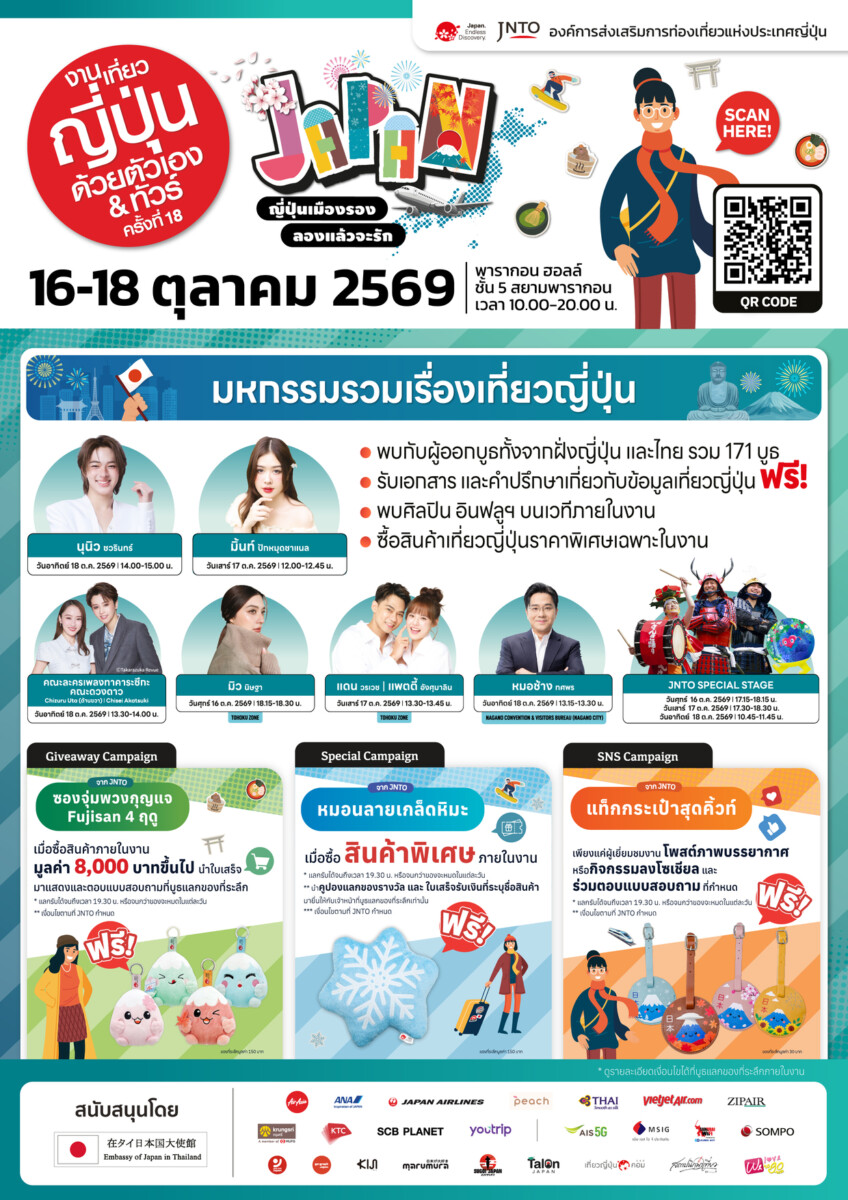 เปิดประสบการณ์เที่ยวเมืองรองญี่ปุ่น! “งานเที่ยวญี่ปุ่นด้วยตัวเอง & ทัวร์ ครั้งที่ 18” วันที่ 16-18 ต.ค. 69 พารากอนฮอลล์ พร้อมจัดเต็มทอล์คโชว์พิเศษ นำโดย “นุนิว” “คณะละครเพลงทาคาระซึกะ” และศิลปิน-อินฟลูเอนเซอร์ ชื่อดังอีกมากมาย